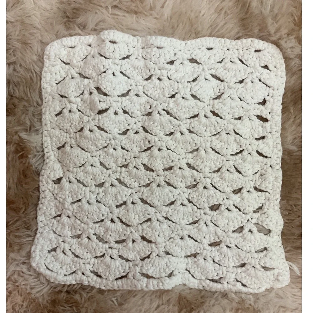 Handmade Crochet Shell Stitch Washcloth Doily Cream Off White 12.5in Square